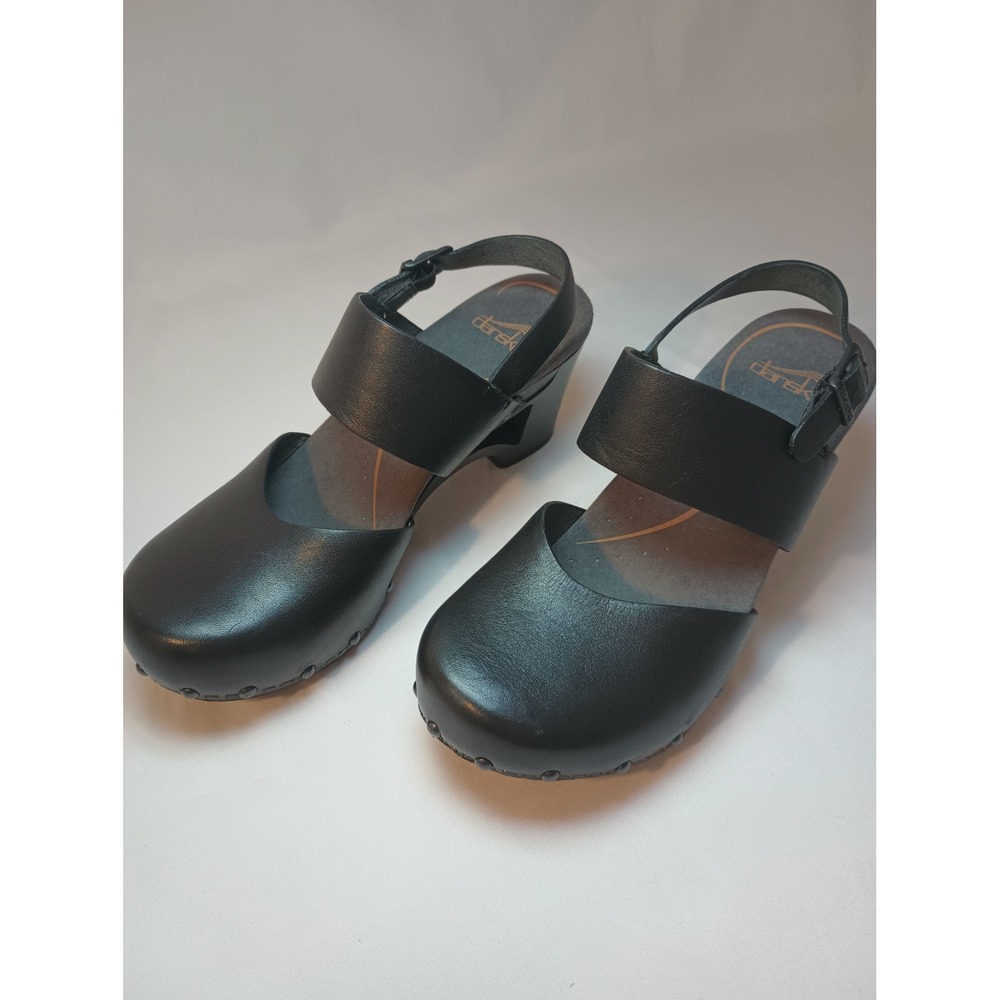 Dansko Thea Black Leather Stapled Clog Sandals Women 36 Adjustable Ankle Strap